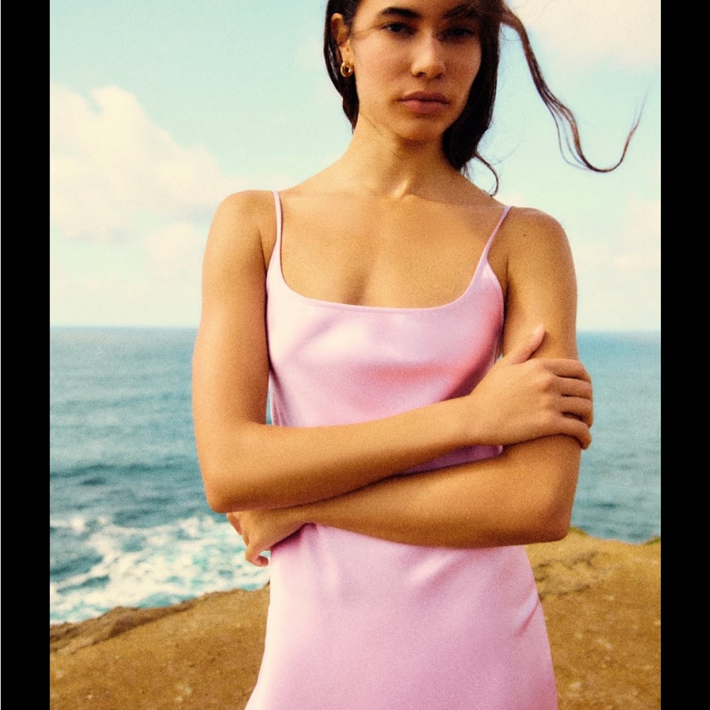 ZARA Satin effect midi slip dress bubblegum pink